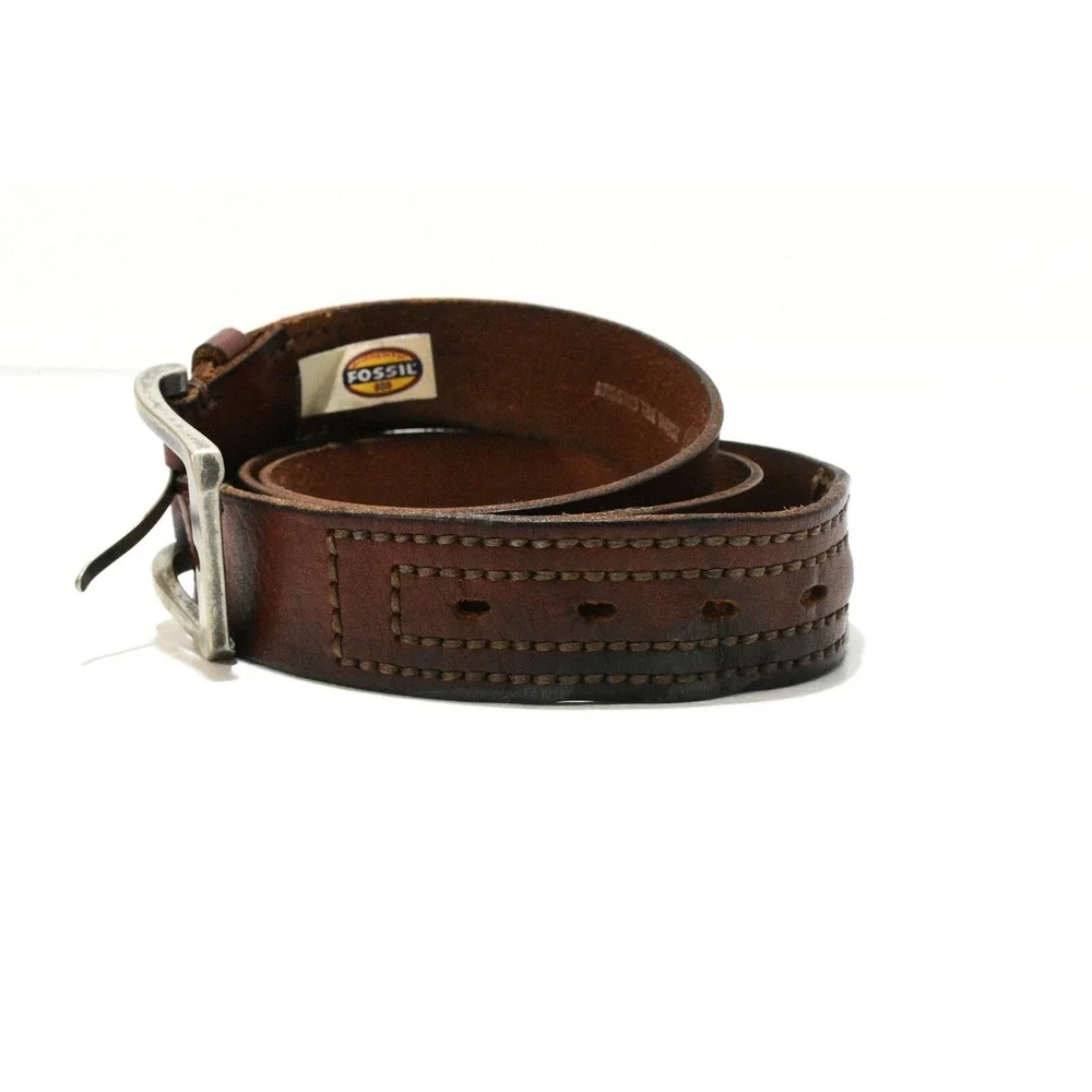 VTG Fossil Leather Dress Belt Mens 40 Brown Antique Silver Buckle MB5154B200